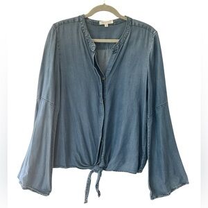 Harper Tencel Chambray Tie Front Blouse Bell Sleeve Size M